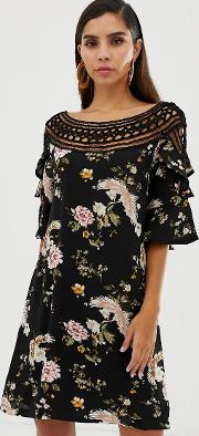 Floral Shift Dress With Lace Cutout Detail And Fluted Sleeves