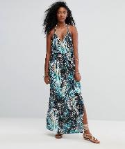 tropical printed v neck strappy maxi beach dress