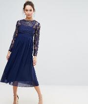 Grid Lace Midi Swing Dress