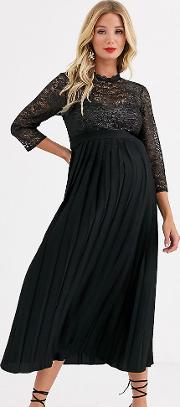Pleated Midaxi Dress With Metallic Lace