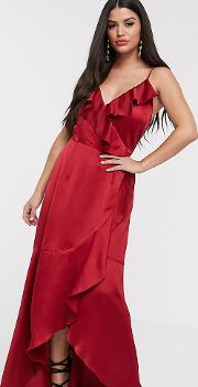 Satin Frill Wrap Dress Ruby