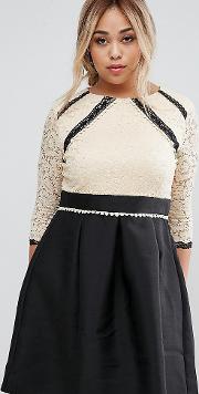 2 in 1 lace skater dress with contrast skirt