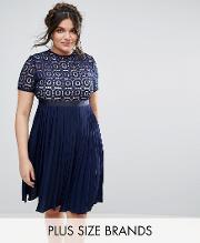 crochet lace bodice midi dress with pleated skirt