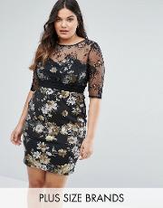 floral pencil dress with mesh sleeves