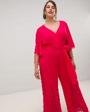 Plunge Front Batwing Jumpsuit With Lace Insert Detail Cherry