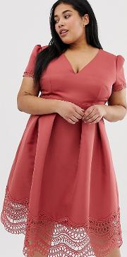 Plunge Front Full Prom Midi Dress With Lace Hem