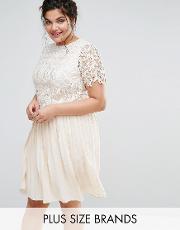 premium lace overlay midi dress with pleated skirt
