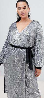 Sequin Velvet Contrast Wrap Front Midi Dress With Belt Detail