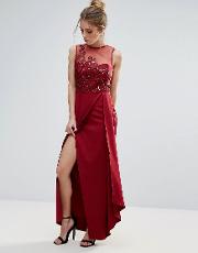 Red Lace Applique Maxi Dress