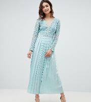 lace top midi skater dress with pleated skirt in spearmint