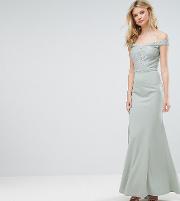 Lace Top Off Shoulder Fishtail Maxi Dress