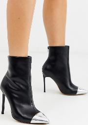 Wide Fit Stiletto Pointed Boots With Silver Toe Cap