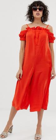 Cold Shoulder Jumpsuit With Button Front And Frill Trim