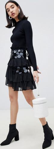 mini skirt with ruffle layers and oversized sequins