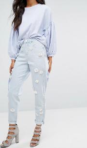 Mom Jeans With Floral Embellishment