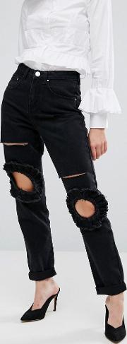 Mom Jeans With Frill Knee And Rips