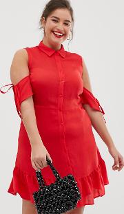 Fit And Flare Shirt Dress With Cold Shoulder Frill Hem