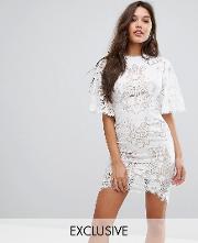 allover lace open back mini dress with fluted sleeve detail