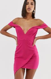 Scuba Bardot Plunge Mini Dress With Asymmetric Wrap Skirt Raspberry