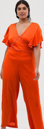 V Neck Jumpsuit With Wide Leg And Lace Insert Detail