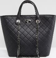 quilted tote bag with chain detail  black
