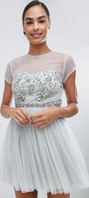 Capped Sleeve Embellished Mini Dress