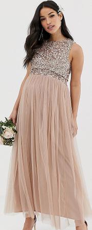 Bridesmaid Sleeveless Midaxi Tulle Dress With Tonal Delicate Sequin Overlay Taupe Blush