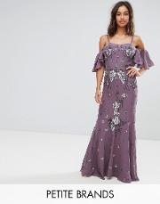 all over embellished corset top maxi dress with cold shoulder