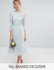 3/4 sleeve midi dress with delicate sequin and tulle skirt