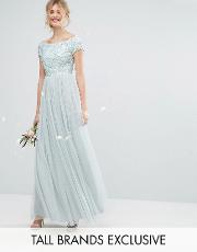 bardot maxi dress with delicate sequin and tulle skirt