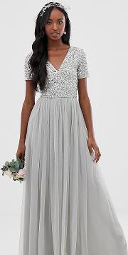 Bridesmaid V Neck Maxi Tulle Dress With Tonal Delicate Sequins Soft