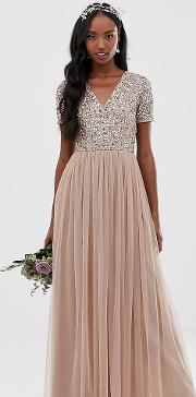 Bridesmaid V Neck Maxi Tulle Dress With Tonal Delicate Sequins Taupe Blush