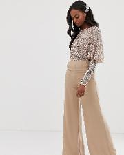 Cape Detail Jumpsuit With Tonal Delicate Sequin Top Taupe Blush