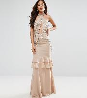 high neck embellished plunge front maxi dress with frill skirt detail