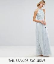 high neck maxi tulle dress with tonal delicate sequins
