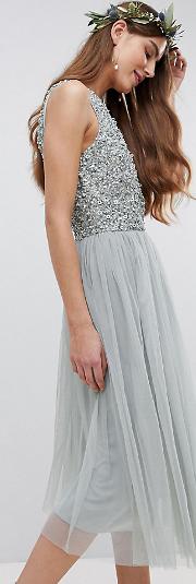 sleeveless sequin bodice tulle detail midi bridesmaid dress with cutout back