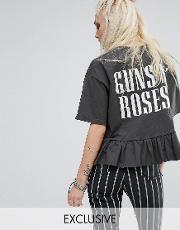 vintage guns  roses band  shirt with frill hem  washed black