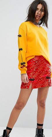 Vintage Mini Skirt  Satin Brocade With Frogging Detail