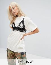 vintage oversized festival  shirt with lace bralette