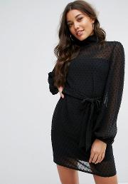 collection high neck mini dress with blouson sleeve