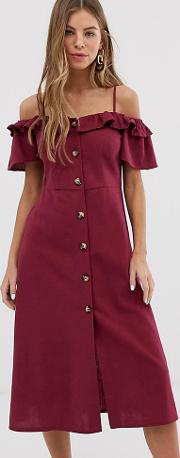 Button Through Bardot Frill Midi Dress