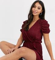 Plisse Playsuit With Puff Sleeves
