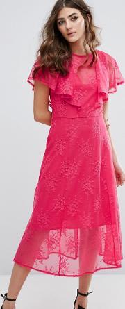 ruffle lace overlay midi dress pink