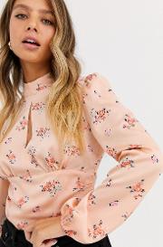 Satin Blouse With Keyhole Pink Floral Print