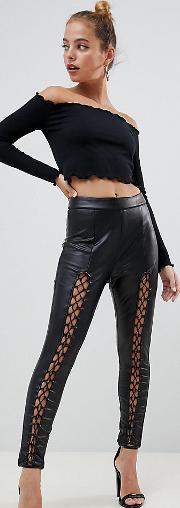 lace up leather look trousers
