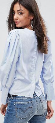 puff sleeve button up back stripe top