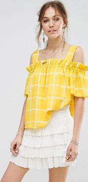 checked cold shoulder ruffle top