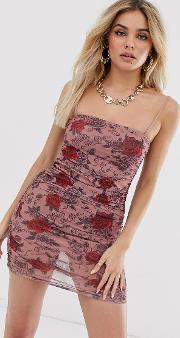 Ruched Mini Cami Dress Rose Mesh