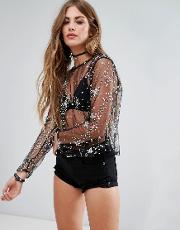 Sheer Long Sleeve Top With Glitter Stars In Mesh