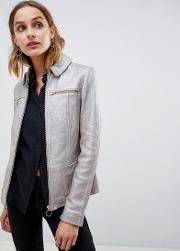 circle zip front metallic silver leather jacket